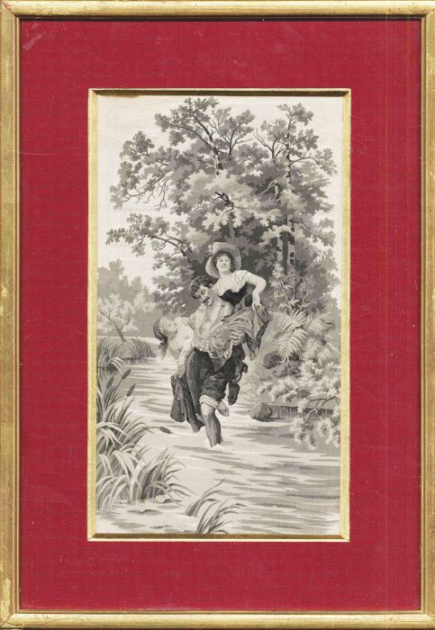 Seidenbild - Ein Kavalier trägt zwei Damen durch einen Bach.