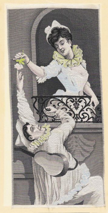 Seidenbild - Eine junge Frau reicht eine Rose vom Balkon zu einem kostümierten L