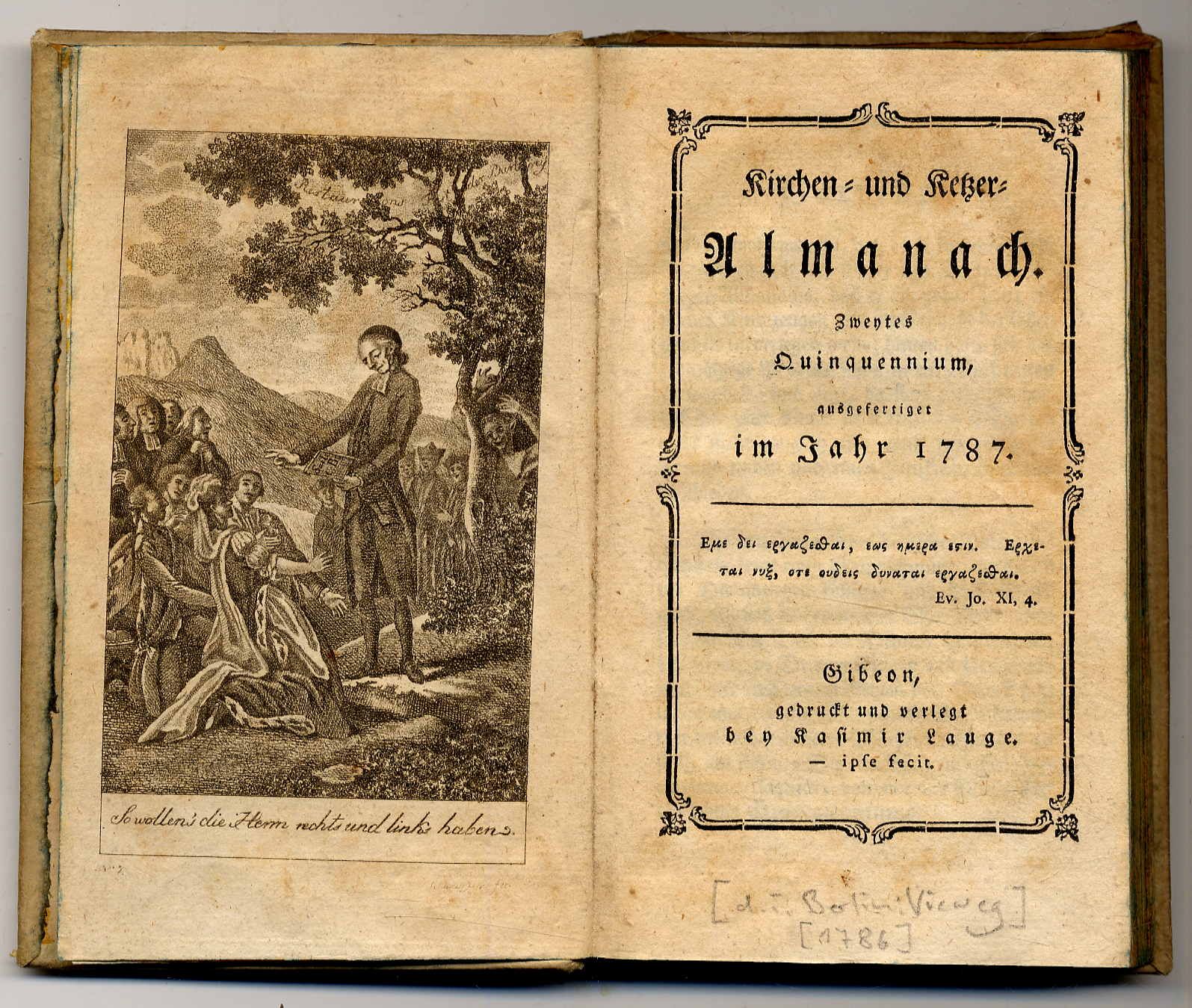 [Bahrdt, Kirchen- und Ketzer-Almanach. Zweytes Quinquennium ausgefertiget im Jah